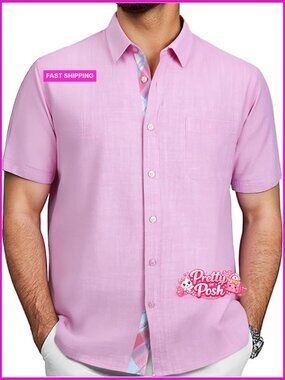 Linen Cotton Short Sleeve Button Down Shirt Casual Vacation Beach